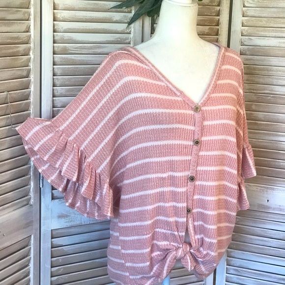 WAFFLE KNIT DOLMAN TOP W/ WHITE STRIPES - Picture 3 of 7